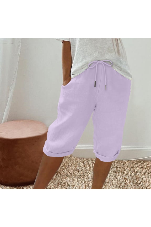 Independence Day Pants Women's Elastic Waist Knee Length Casual Cotton Bermuda Shorts with Drawstring