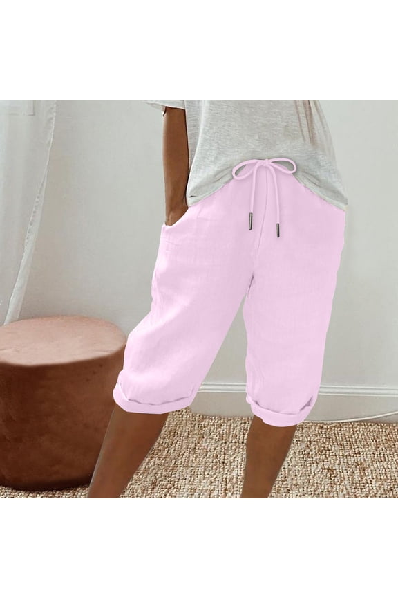 Independence Day Pants Women's Elastic Waist Knee Length Casual Cotton Bermuda Shorts with Drawstring