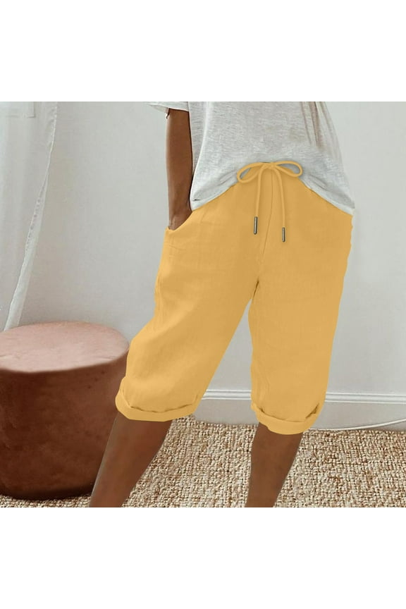 Independence Day Pants Women's Elastic Waist Knee Length Casual Cotton Bermuda Shorts with Drawstring