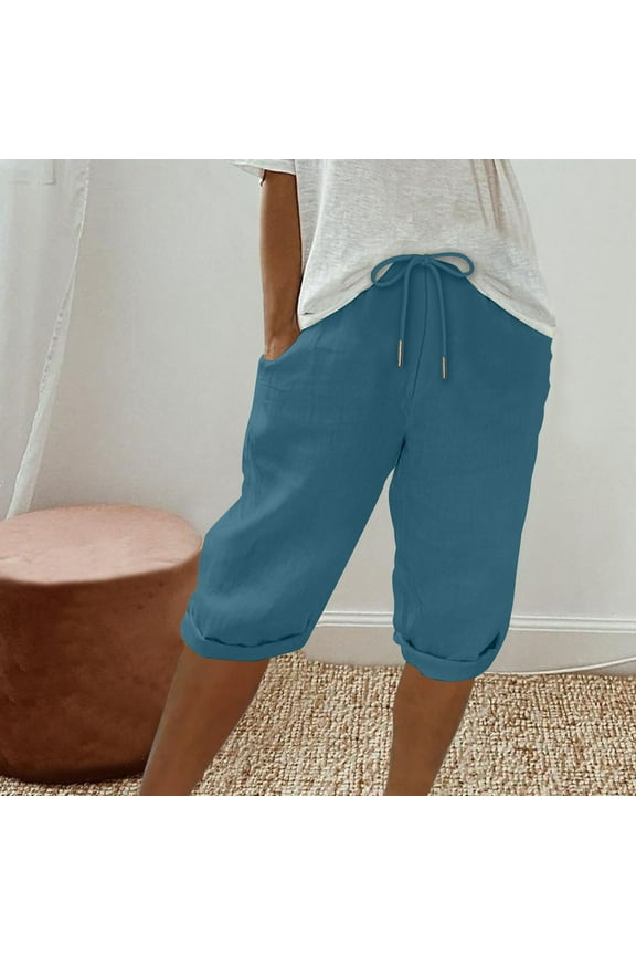 Independence Day Pants Women's Elastic Waist Knee Length Casual Cotton Bermuda Shorts with Drawstring