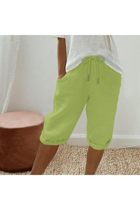 Independence Day Pants Women's Elastic Waist Knee Length Casual Cotton Bermuda Shorts with Drawstring