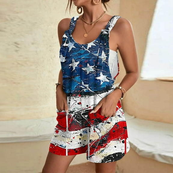 AOOCHASLIY Independence Day Printed Pants 4th Fourth of July Womens American Flag Print Overalls Shorts Pocket Suspender Romper Clothes