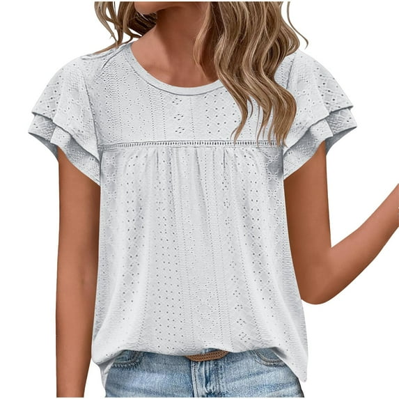 AOOCHASLIY Independence Day Women's Summer Tops Ruffle Short Sleeve T Shirts Crewneck Pleated Front Blouse Casual