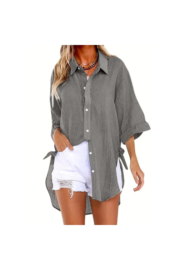 Ladies' Clothess Women's Tops Simple Cotton Tie Fresh Candy Colour Solid Button Shirt Women V Neck Loose Plus Size Shirt