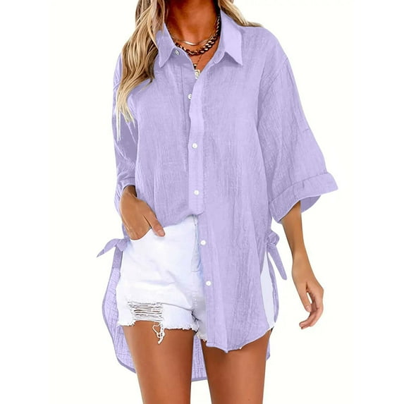 AOOCHASLIY Ladies' Clothes Clearances Women's Tops Simple Cotton Tie Fresh Candy Colour Solid Button Shirt Women V Neck Loose Plus Size Shirt