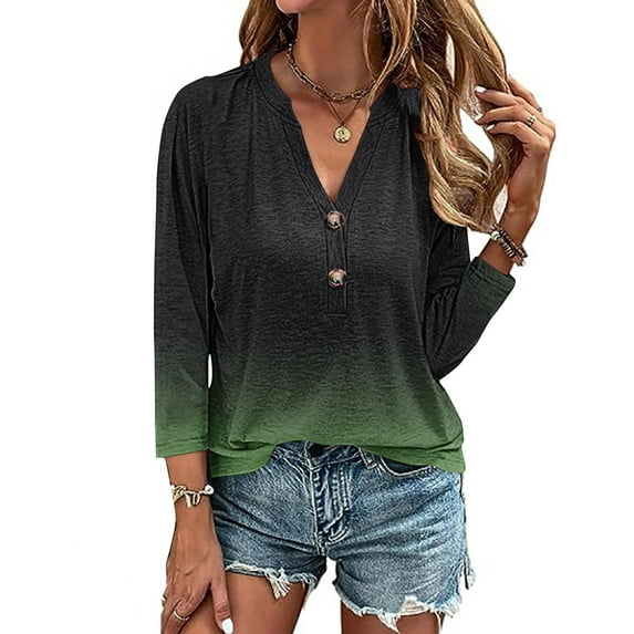 AOOCHASLIY Ladies' Clothes Clearances Womens 3/4 Sleeve V Neck Buttons Tee Gradient Color Blouse Loose Fit Tshirts Fall Tunic