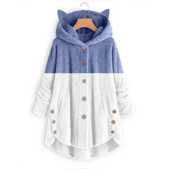 AOOCHASLIY Ladies Coat Clearance Women Button Plush Tops Hooded Loose Cardigan Solid Color Patchwork Coat Jacket