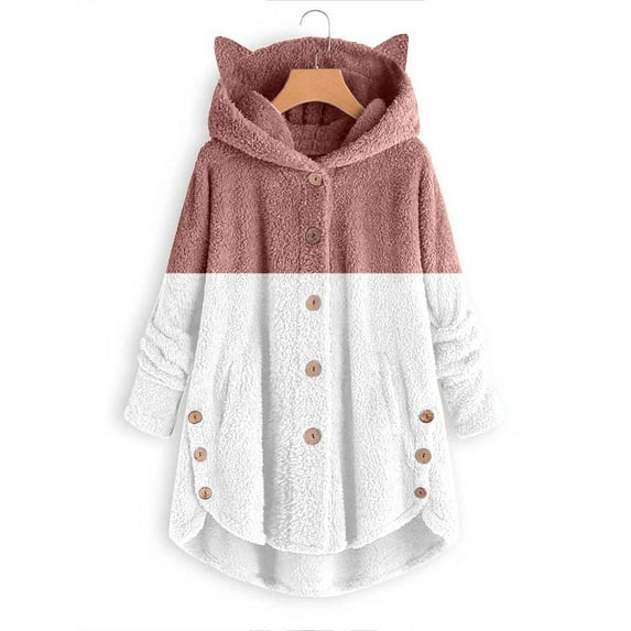 AOOCHASLIY Ladies Coat Clearance Women Button Plush Tops Hooded Loose Cardigan Solid Color Patchwork Coat Jacket