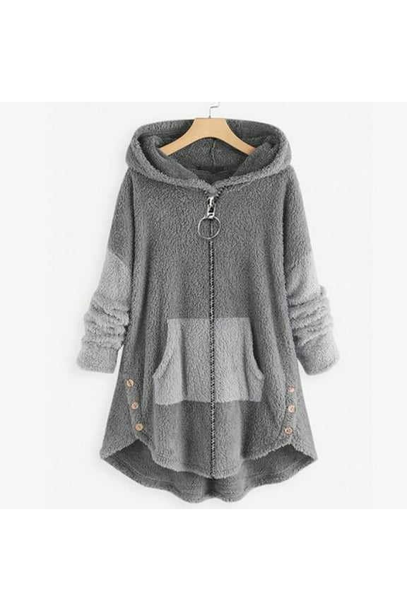 Ladies Coat Clothes Women Cozy Long Sleeve Color Block Fleece Hooded Fuzzy Asymmetrical Hem Zipper Pokets Teddy Bear Coat