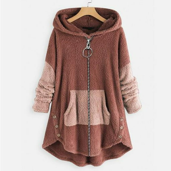 AOOCHASLIY Ladies Coat Clothes Women Cozy Long Sleeve Color Block Fleece Hooded Fuzzy Asymmetrical Hem Zipper Pokets Teddy Bear Coat