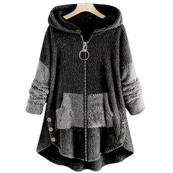 AOOCHASLIY Ladies Coat Clearance Women Cozy Long Sleeve Color Block Fleece Hooded Fuzzy Asymmetrical Hem Zipper Pokets Teddy Bear Coat