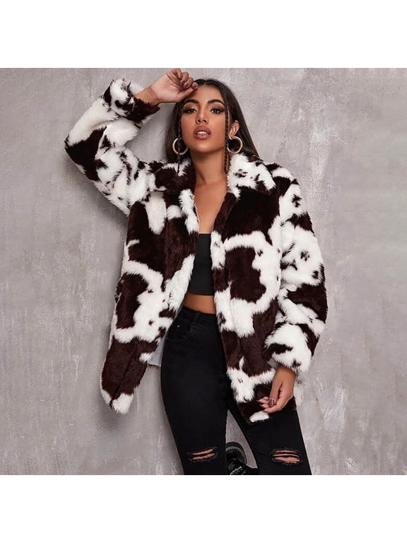 Ladies Coat Clearance Women's Fall Winter New Harajuku Style Cow Pattern Imitation Coat Women's Jacket Loose Coat
