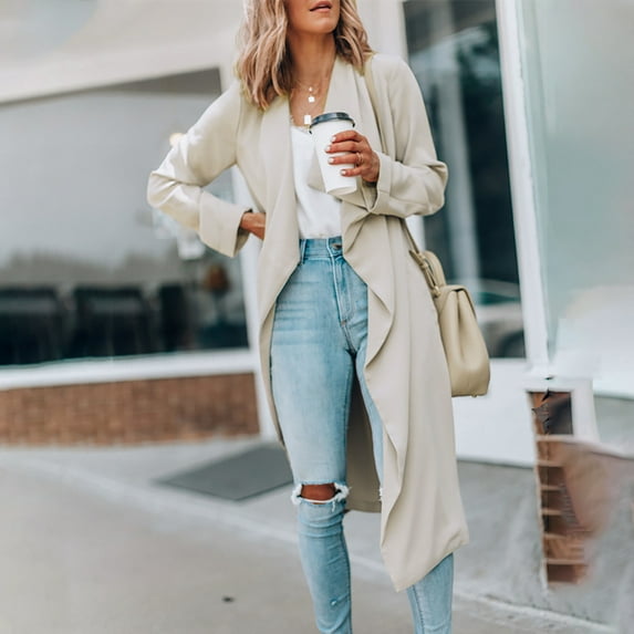 AOOCHASLIY Ladies Coat Clothes Women's Lapel Solid Color Long Casual Trench Coat Long Sleeved Hoodless Casual Coat/jacket