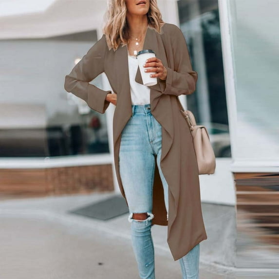 AOOCHASLIY Ladies Coat Clothes Women's Lapel Solid Color Long Casual Trench Coat Long Sleeved Hoodless Casual Coat/jacket