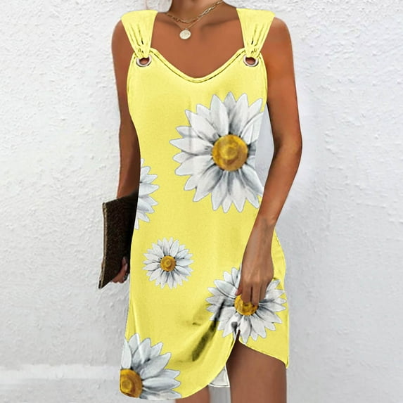 AOOCHASLIY Ladies Dress Allover Print Daisy Vest Dress, Sleeveless Round Neck Vacation Dress, Women's Clothing