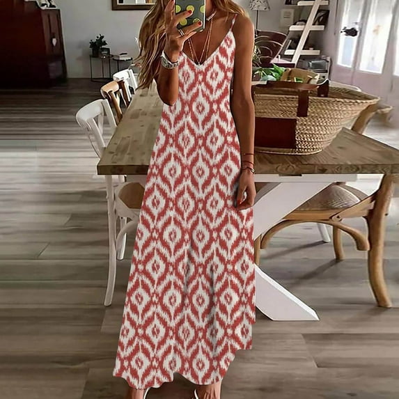 AOOCHASLIY Ladies Dress Bohemian All-over Prints Sunresses Long Dresses Sleeveless Split Maxi Beach V Neck Dress