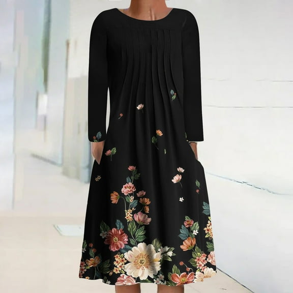 AOOCHASLIY Ladies Dress Women Round Neck Long Sleeve Folding Floral Printed Casual Dresses