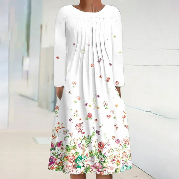 AOOCHASLIY Ladies Dress Women Round Neck Long Sleeve Folding Floral Printed Casual Dresses