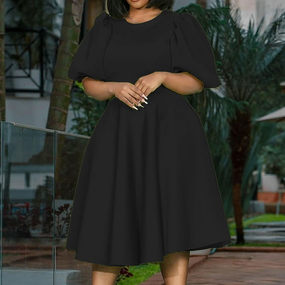 AOOCHASLIY Ladies Dress Clothes Women Solid Color Round Neck Large Skirt Hem Waist Retraction Fashion Dress