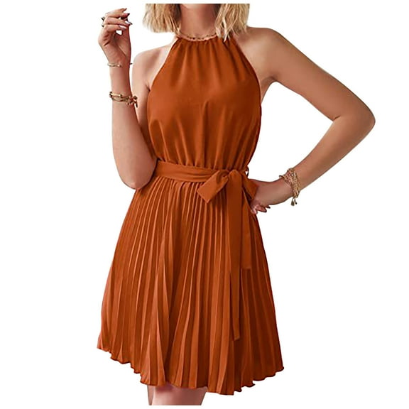 AOOCHASLIY Ladies Dress Clothes Women Summer Sleeveless Round-Neck Belted Pleated Mini Casual Dress