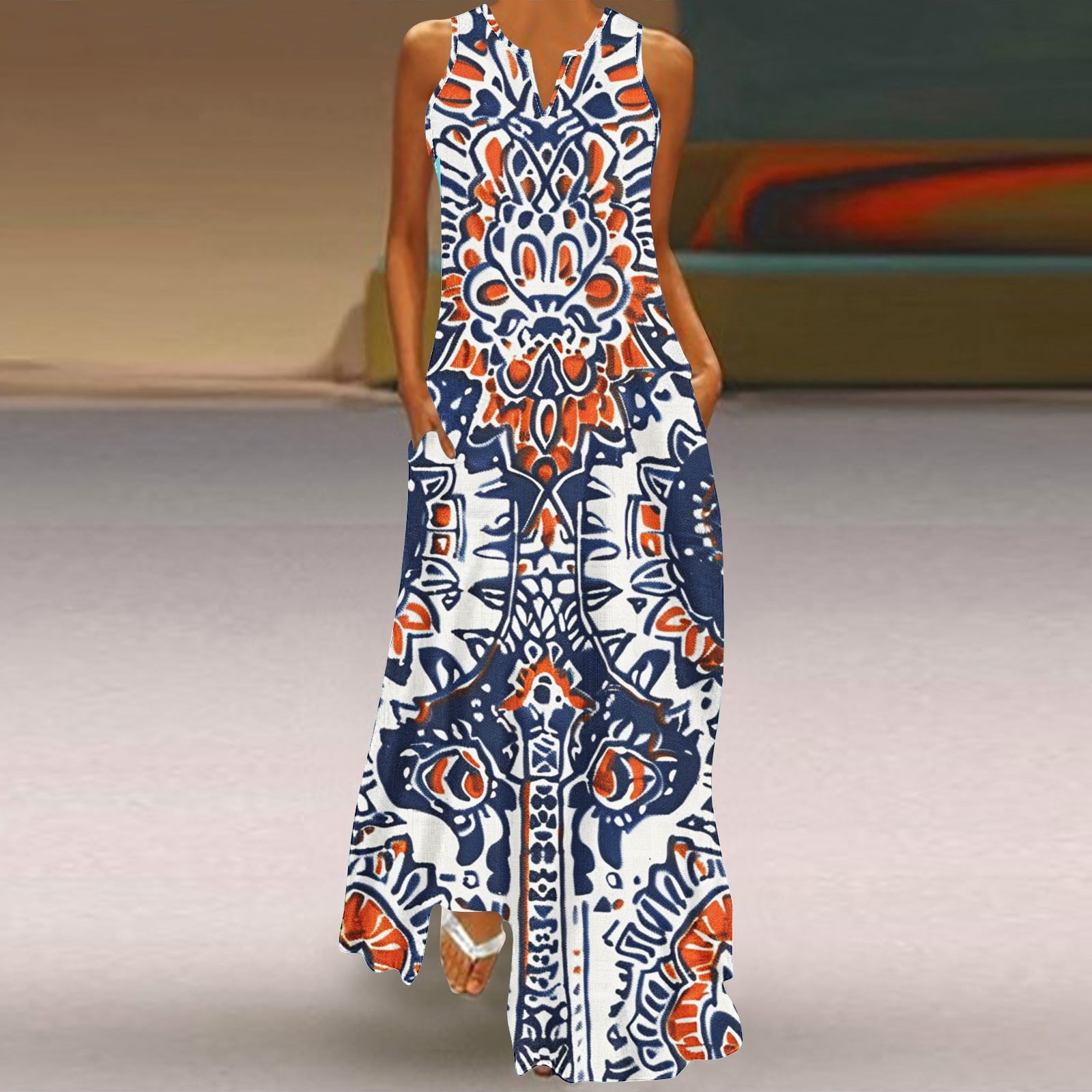 Ethnic Print Backless Charming A-line Maxi Dress