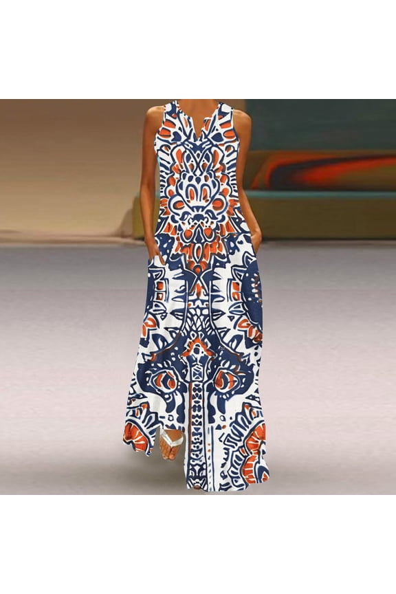 Ladies Dress Ethnic Print V Neck Dress, Vintage Sleeveless Summer Maxi Dress with Pockets, Women's Trendy Clothing