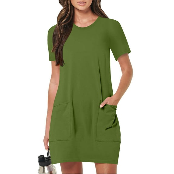 AOOCHASLIY Ladies Dress Solid Round Neck Short Sleeve Pockets Dress, Casual Comfy T Shirt Short Dress