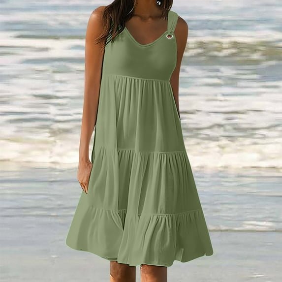 AOOCHASLIY Ladies Dress Women Summer Sleevesless Dresses Beach Cover up Plain Pleated Holiday Tank Dress