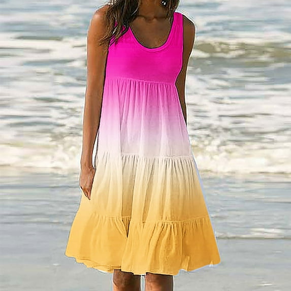 AOOCHASLIY Ladies Dress Women Summer Sleevesless Dresses Beach Gradual Contrast Printing Dress Cover up Plain Pleated Holiday Tank Dress