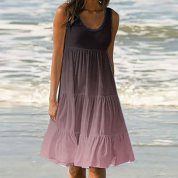 AOOCHASLIY Ladies Dress Women Summer Sleevesless Dresses Beach Gradual Contrast Printing Dress Cover up Plain Pleated Holiday Tank Dress