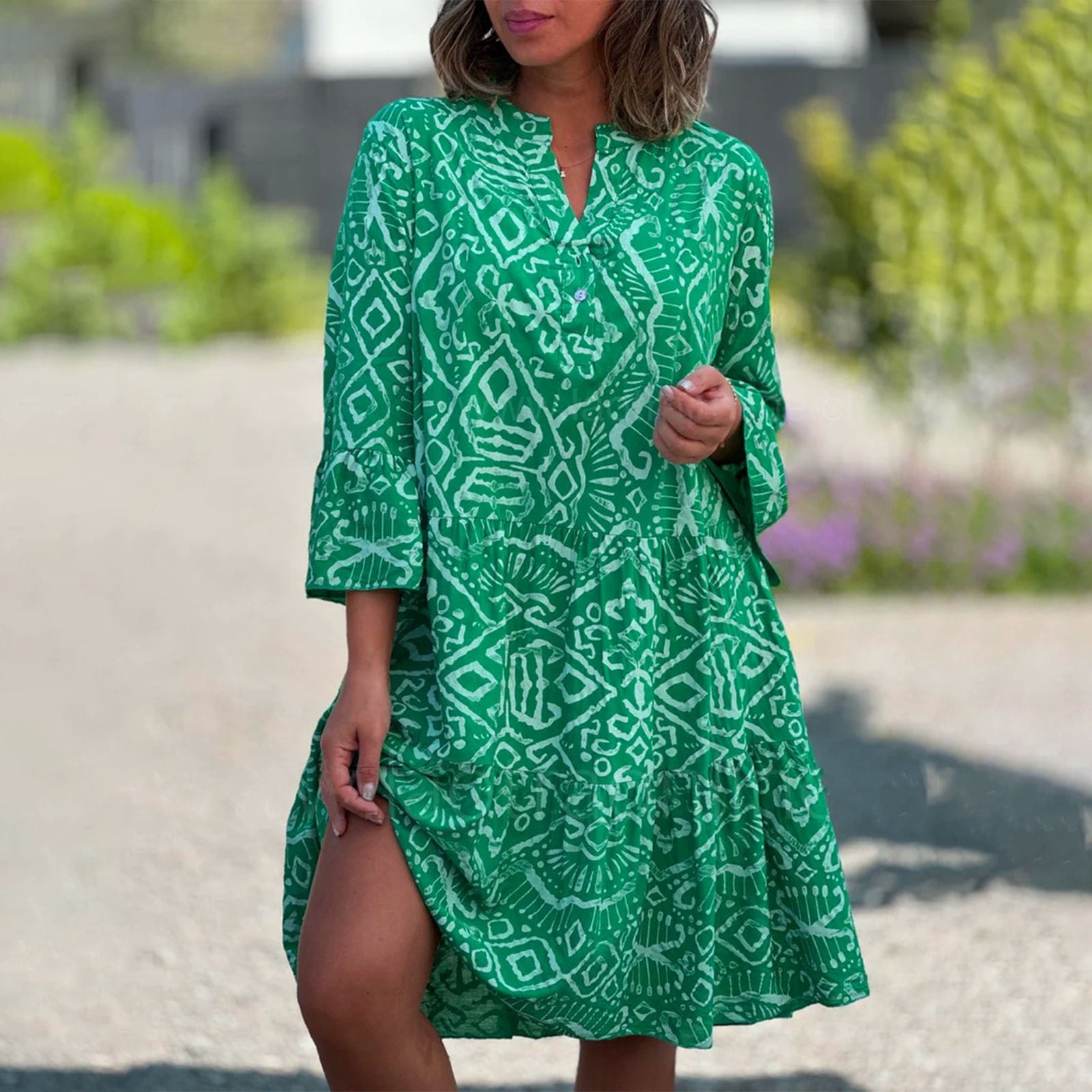 Women's Boho Floral-Print Mini Dress Casual Short Sleeve V-neck High-Waisted Wrap Swing Ruffle Summer Dress White S - View #4