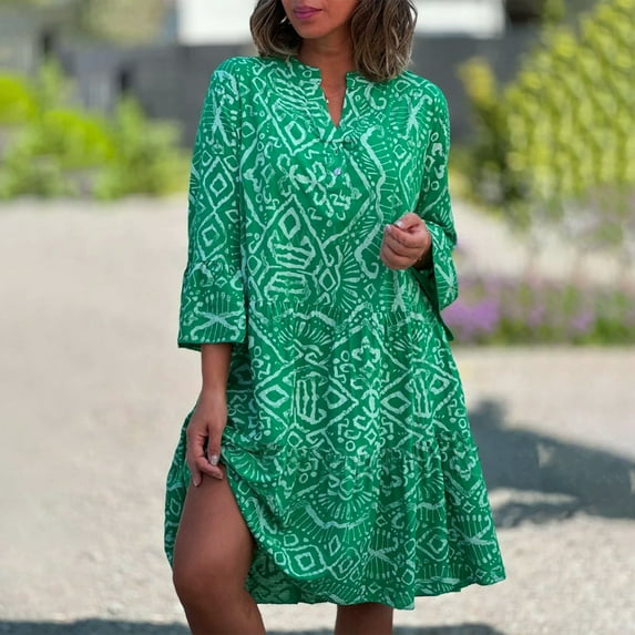 AOOCHASLIY Ladies Dress Women's Dresses Summer Loose Short Sleeve V Neck Floral Print Casual Bohemian Short Dresses