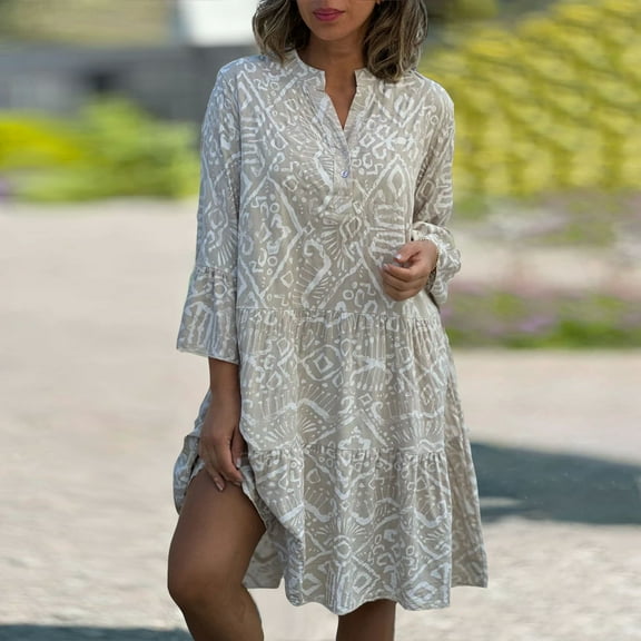 AOOCHASLIY Ladies Dress Women's Dresses Summer Loose Short Sleeve V Neck Floral Print Casual Bohemian Short Dresses