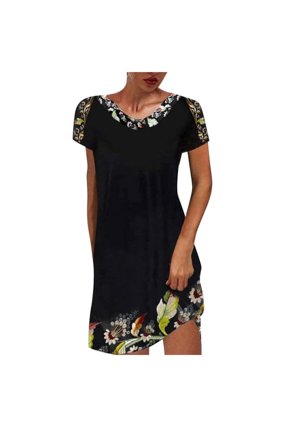 Ladies Dresses Casual Women's Fashion Comfortable Casual Ethnic Short Sleeve Round Neck Print Dress