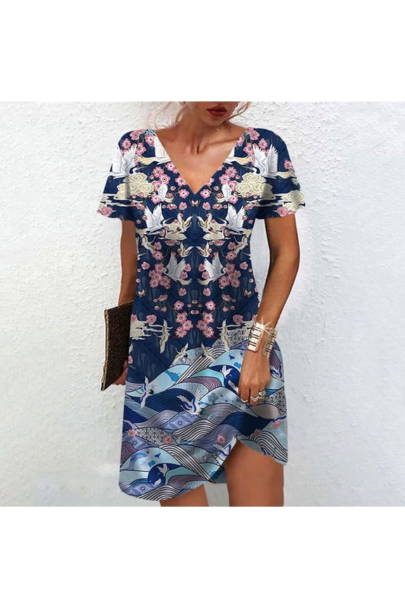 Ladies Dresses Women's Comfortable Casual Ethnic Short Sleeve V Neck Print Dress