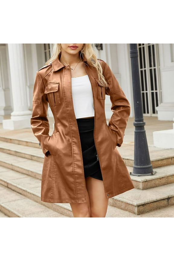 Ladies Fall Blouse Clearance Womens Fall;Winter Mid Length Leather Jacket with Belt Fashionable British Coat Overcoat
