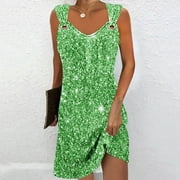 AOOCHASLIY Ladies' Holiday Dress Ladies Plus Size Full Body Paillette Printing Dress, Casual V Neck Sleeveless Suspender Dress For Summer, Women's Candy Color Dress