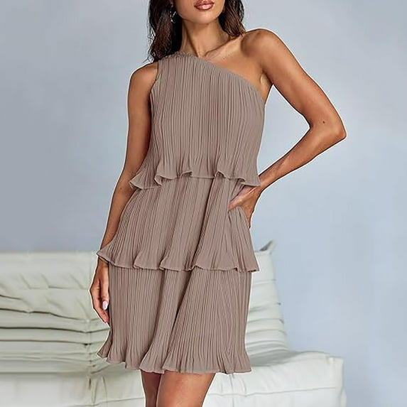 AOOCHASLIY Ladies' Holiday Dress Women's Diagonal Shoulder Layered Patchwork Hem Solid Color Dresses