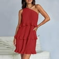 thumbnail image 1 of AOOCHASLIY Ladies' Holiday Dress Women's Diagonal Shoulder Layered Patchwork Hem Solid Color Dresses, 1 of 5