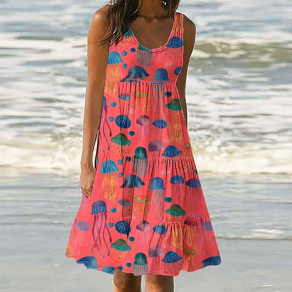 AOOCHASLIY Ladies' Holiday Dress Women's Ocean Print Round Neck Pleated Sleeveless Beach Dress Sleeveless Jellyfish Dresses