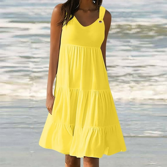 AOOCHASLIY Ladies' Holiday Dress Women's Solid Color Sleeveless Metal Ring Button Beach Dress Flowy Short Beach Dress Sundress