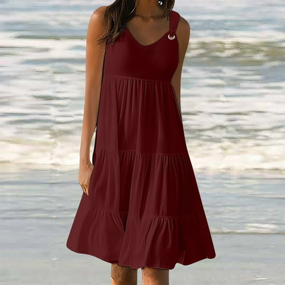 AOOCHASLIY Ladies' Holiday Dress Women's Solid Color Sleeveless Metal Ring Button Beach Dress Flowy Short Beach Dress Sundress