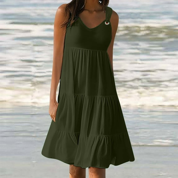 AOOCHASLIY Ladies' Holiday Dress Women's Solid Color Sleeveless Metal Ring Button Beach Dress Flowy Short Beach Dress Sundress