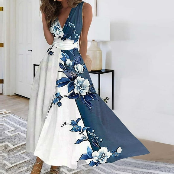 AOOCHASLIY Ladies' Holiday Dress Women's Spring/Summer Floral Print V-Neck Wrap Dresses Long Sleeveless Dresses Gown Dresses Vacation Dresses