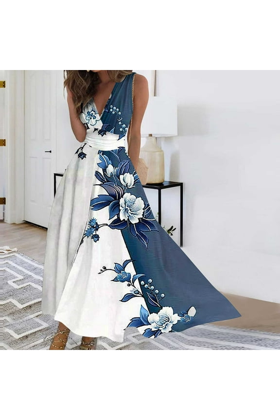 Ladies' Holiday Dress Women's Spring/Summer Floral Print V-Neck Wrap Dresses Long Sleeveless Dresses Gown Dresses Vacation Dresses