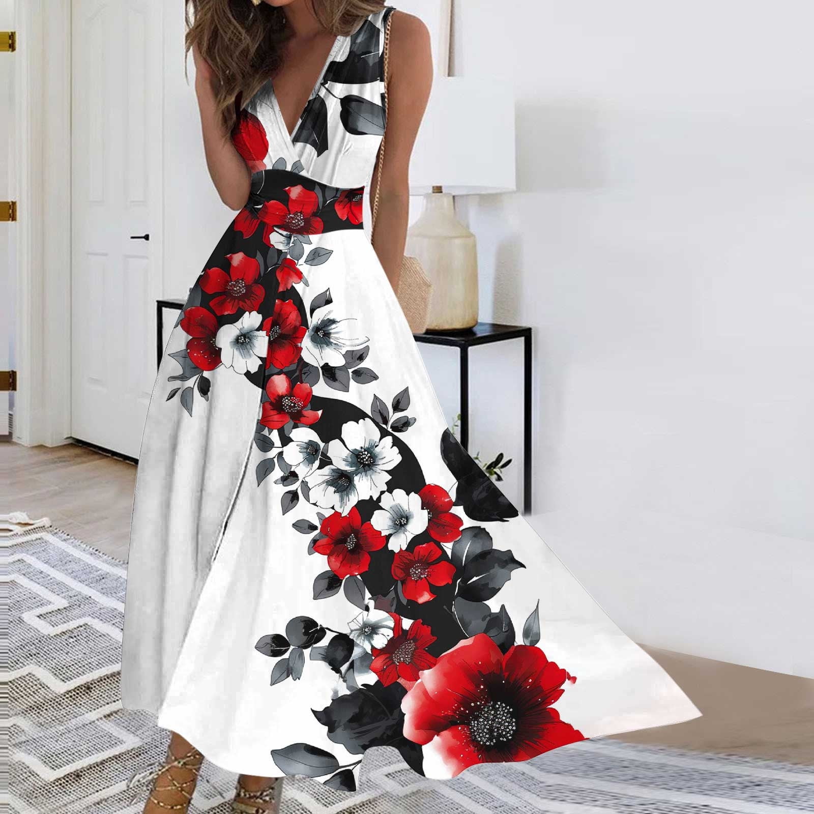 AOOCHASLIY Ladies' Holiday Dress Women's Spring/Summer Floral Print V-Neck  Wrap Dresses Long Sleeveless Dresses Gown Dresses Vacation Dresses -  Walmart.com