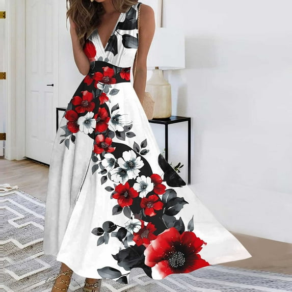 AOOCHASLIY Ladies' Holiday Dress Women's Spring/Summer Floral Print V-Neck Wrap Dresses Long Sleeveless Dresses Gown Dresses Vacation Dresses