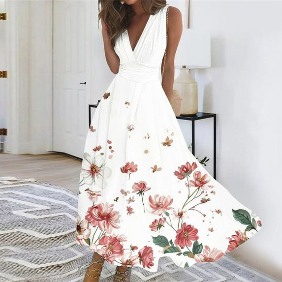 AOOCHASLIY Ladies' Holiday Dress Women's Spring Summer Wrap Floral Printed Gowns Long Dresses Dresses Sleeveless V-Neck Dresses