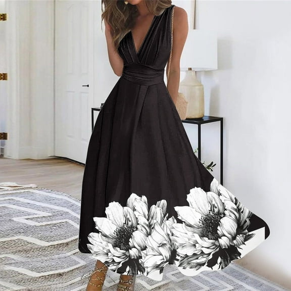AOOCHASLIY Ladies' Holiday Dress Women's Spring Summer Wrap Floral Printed Gowns Long Dresses Dresses Sleeveless V-Neck Dresses