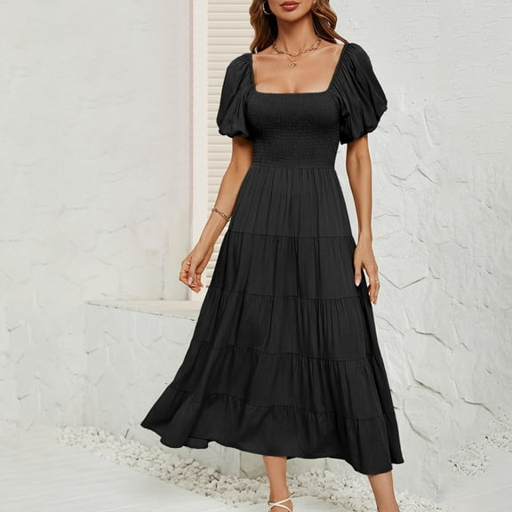 AOOCHASLIY Ladies' Holiday Dress Women's Summer Solid Color High Waisted Bubble Sleeve Waist Cinching Dress